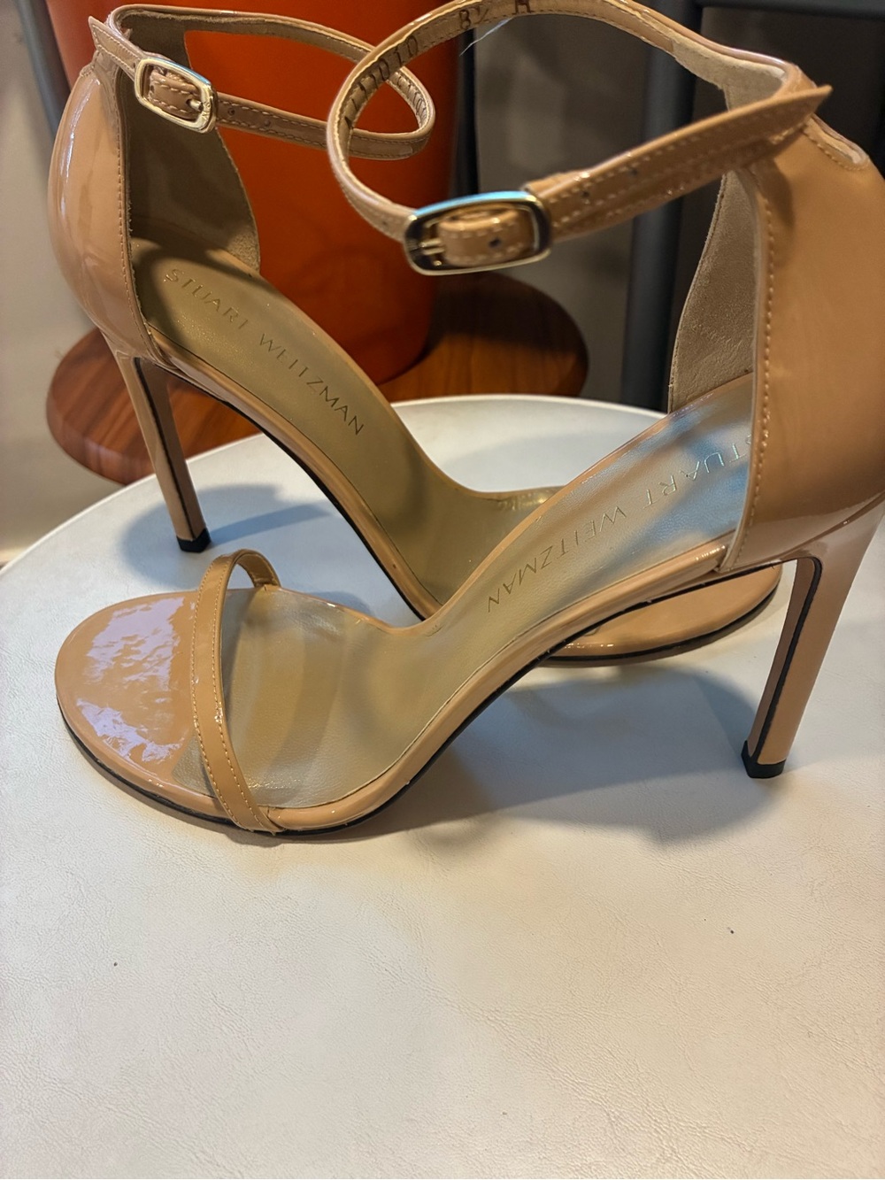 Stuart Weitzman Beige Patent Leather Ankle-Strap Heels